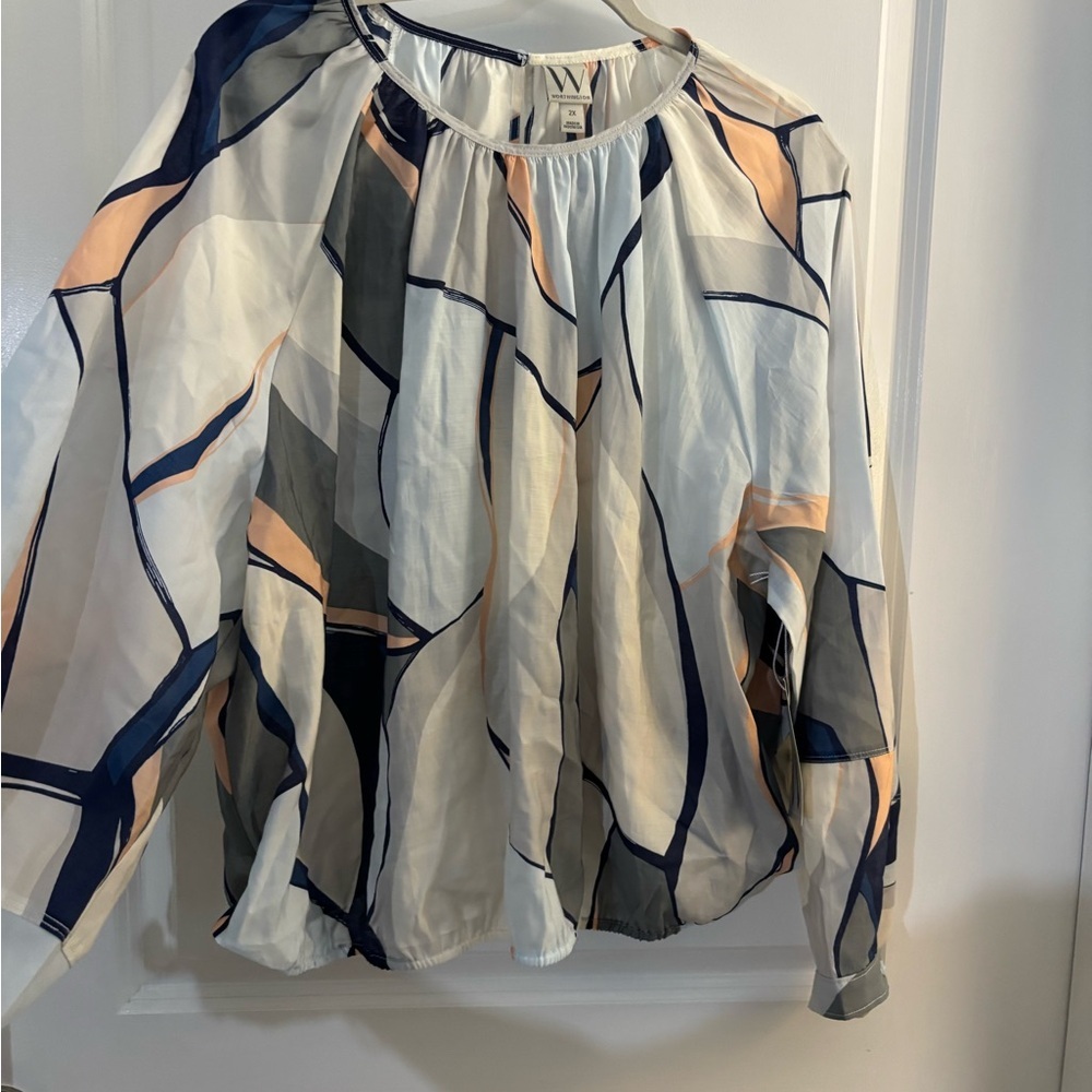 W by Worthington White Blouse with Navy, Gray and Blush Abstract Print Sz 2X NWT